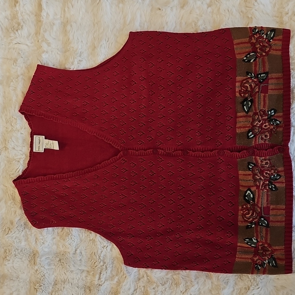 Napa Valley Red Pointelle Floral Roses Plaid Design Granny Sweater Vest 2X 90s